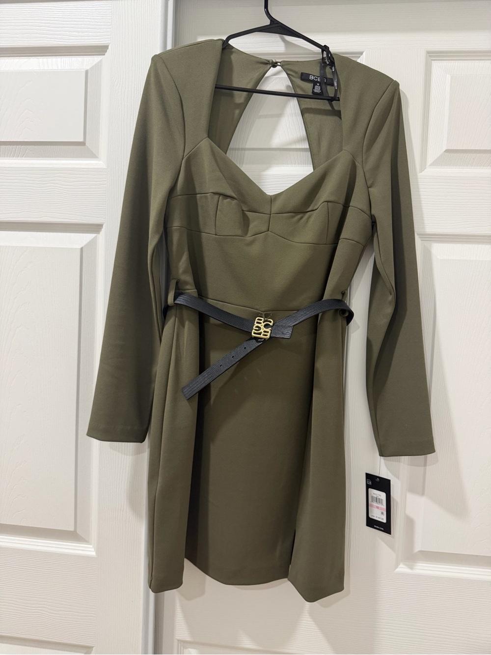 BCBG Olive Green Long Sleeve Sweetheart Neck Sheath Dress with Black Belt